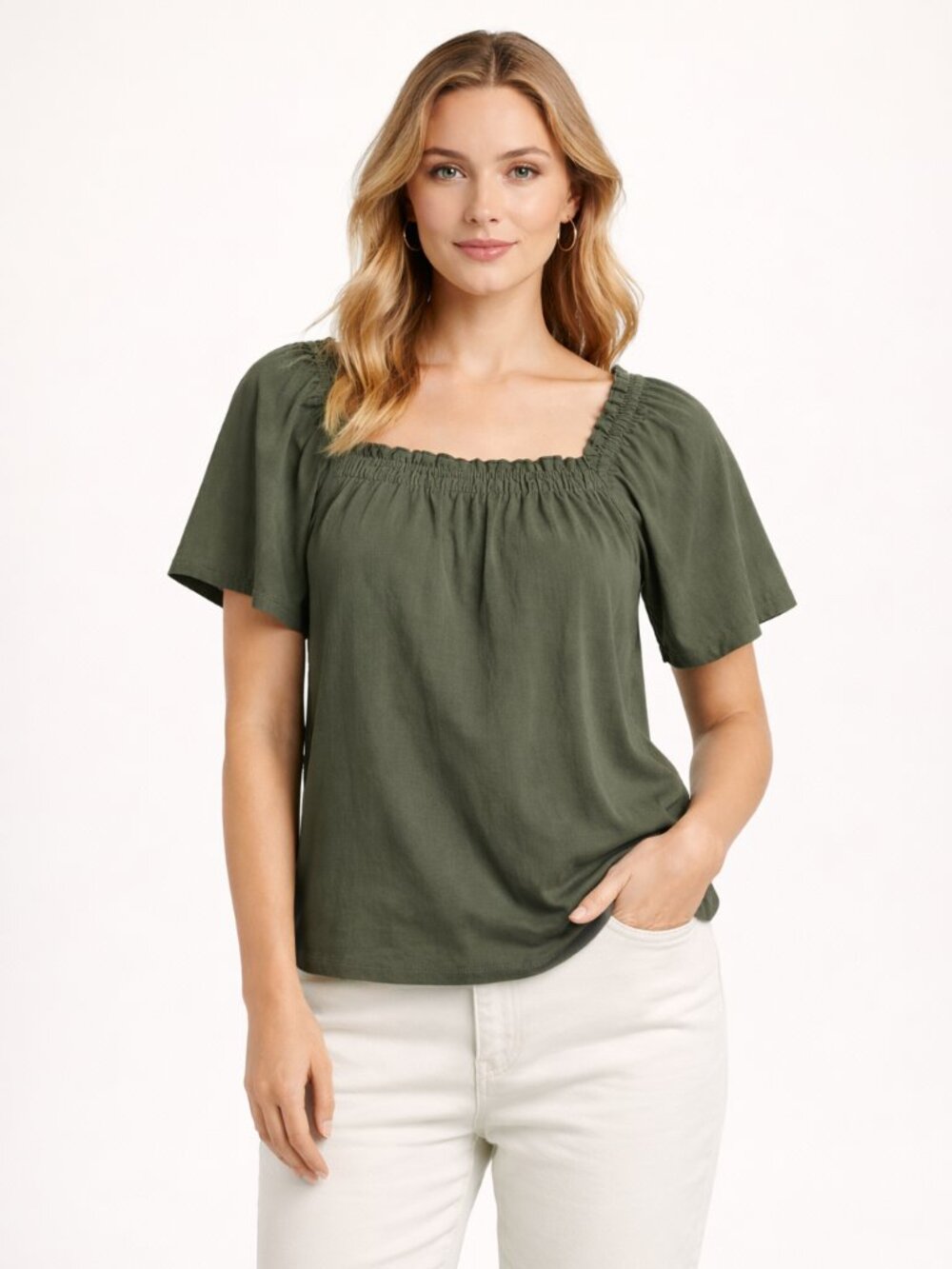 GAP Square Neck Puff Sleeve Blouse Green Cotton Top L NWT